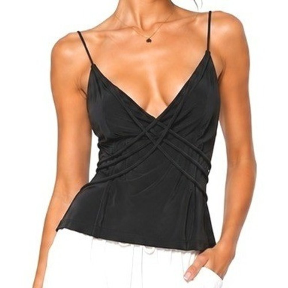 Mikey & Joey Strappy Lattice Front Tank Top Womens Large Black Camisole Layering